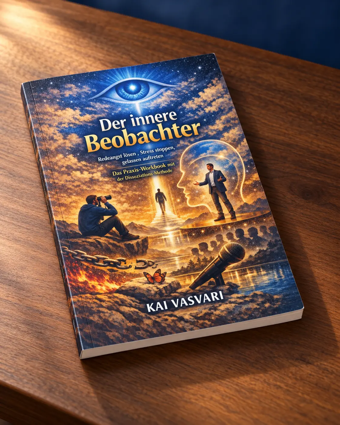Der innere Beobachter als echtes Buch auf einem Holzschreibtisch