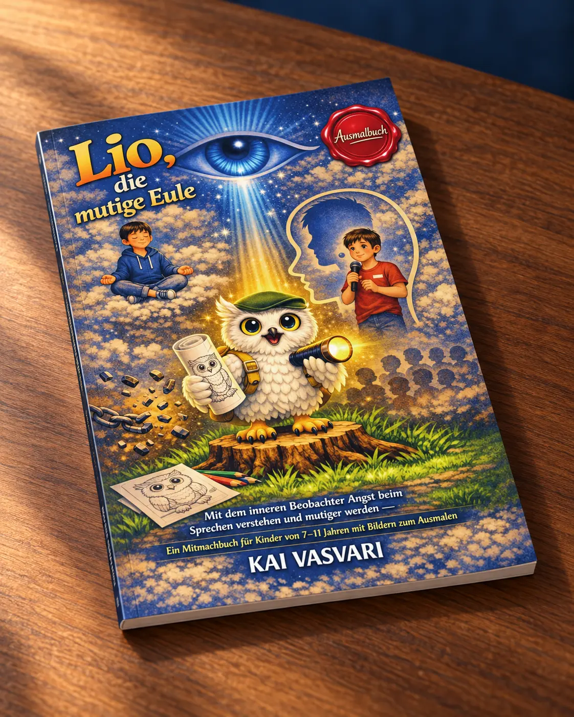 Lio, die mutige Eule als echtes Buch auf einem Holzschreibtisch